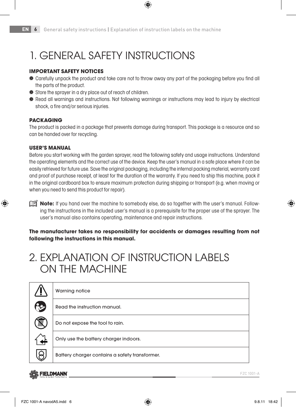 General safety instructions, Explanation of instruction labels on the machine | Fieldmann FZC 1001-A User Manual | Page 6 / 64