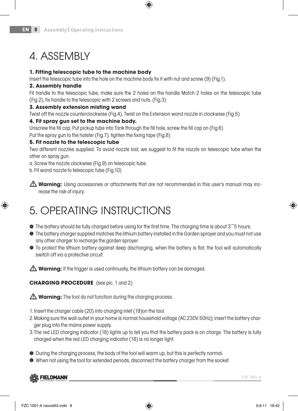 Assembly, Operating instructions | Fieldmann FZC 1001-A User Manual | Page 8 / 64