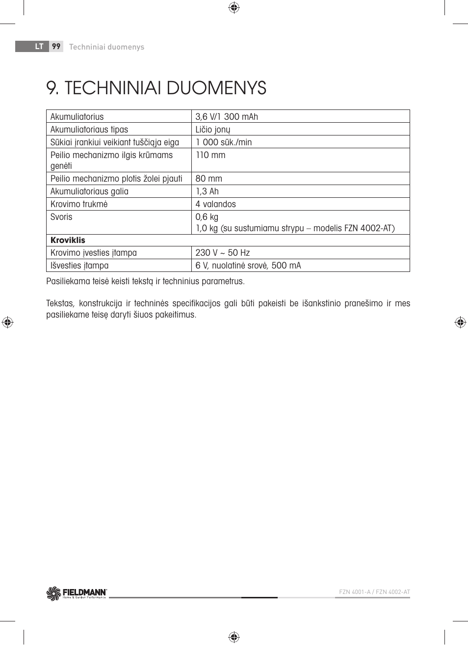 Techniniai duomenys | Fieldmann FZN 4002-AT User Manual | Page 100 / 104