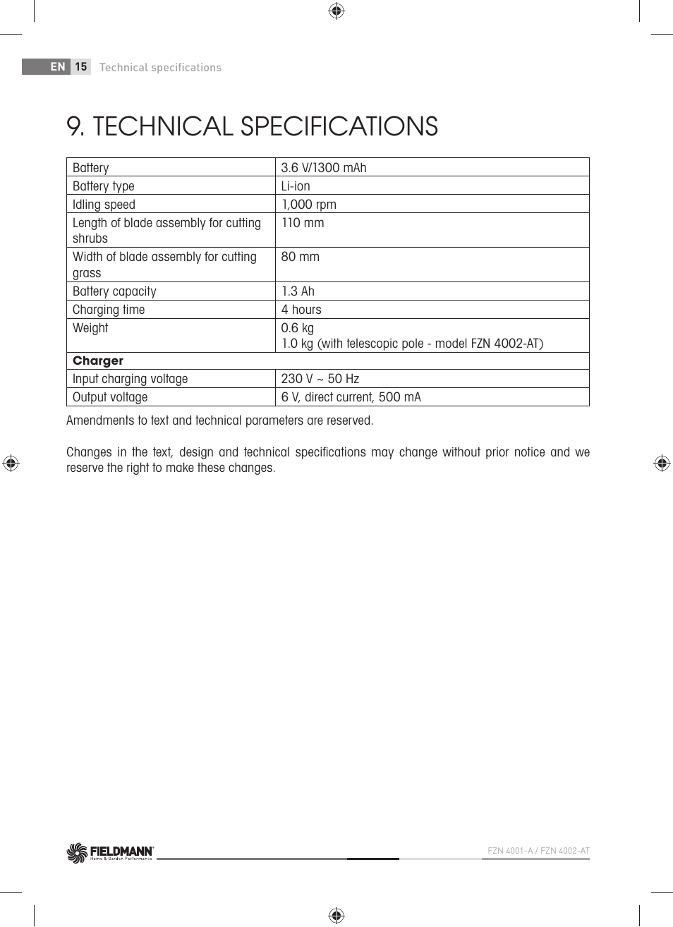 Technical specifications | Fieldmann FZN 4002-AT User Manual | Page 16 / 104