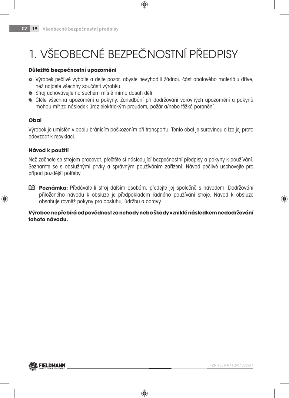 Všeobecné bezpečnostní předpisy | Fieldmann FZN 4002-AT User Manual | Page 20 / 104