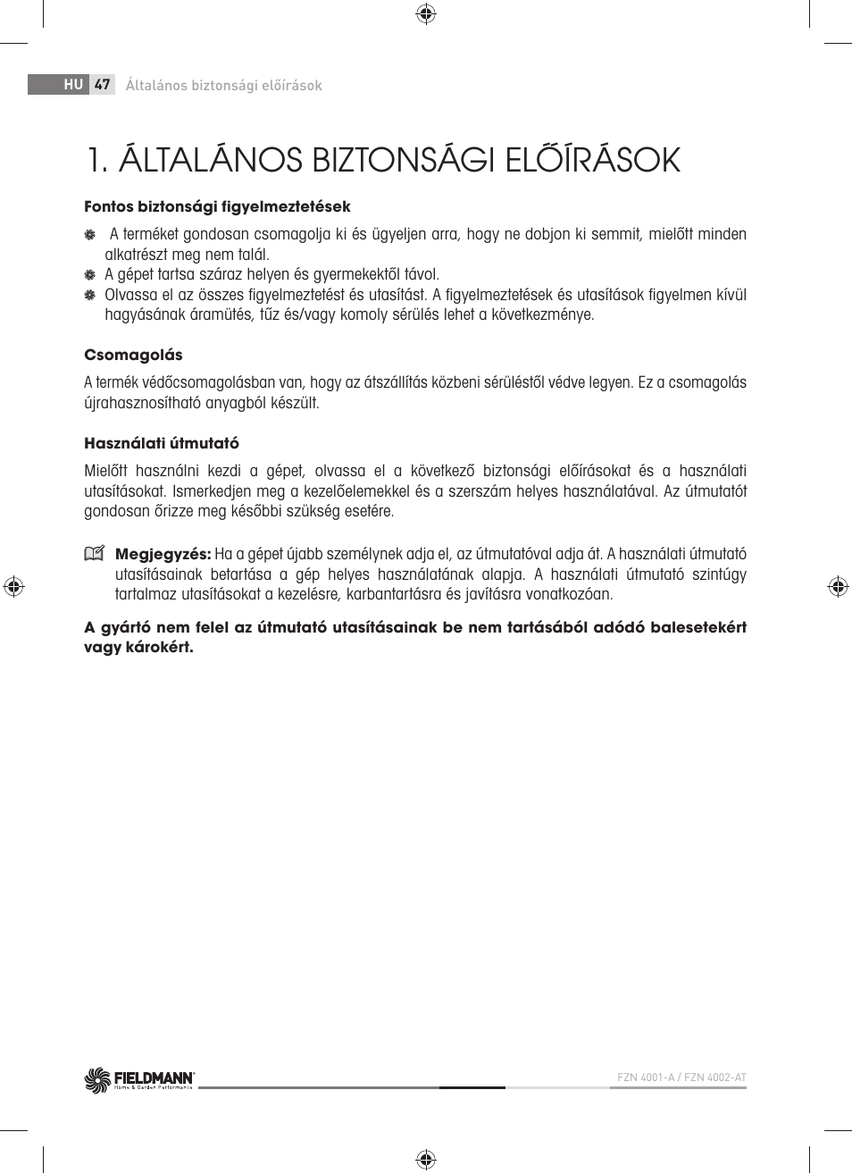 Általános biztonsági előírások | Fieldmann FZN 4002-AT User Manual | Page 48 / 104