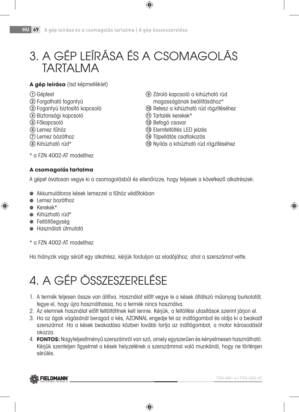 A gép leírása és a csomagolás tartalma, A gép összeszerelése | Fieldmann FZN 4002-AT User Manual | Page 50 / 104