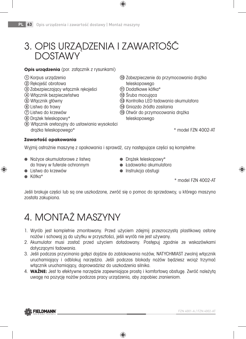 Opis urządzenia i zawartość dostawy, Montaż maszyny | Fieldmann FZN 4002-AT User Manual | Page 64 / 104