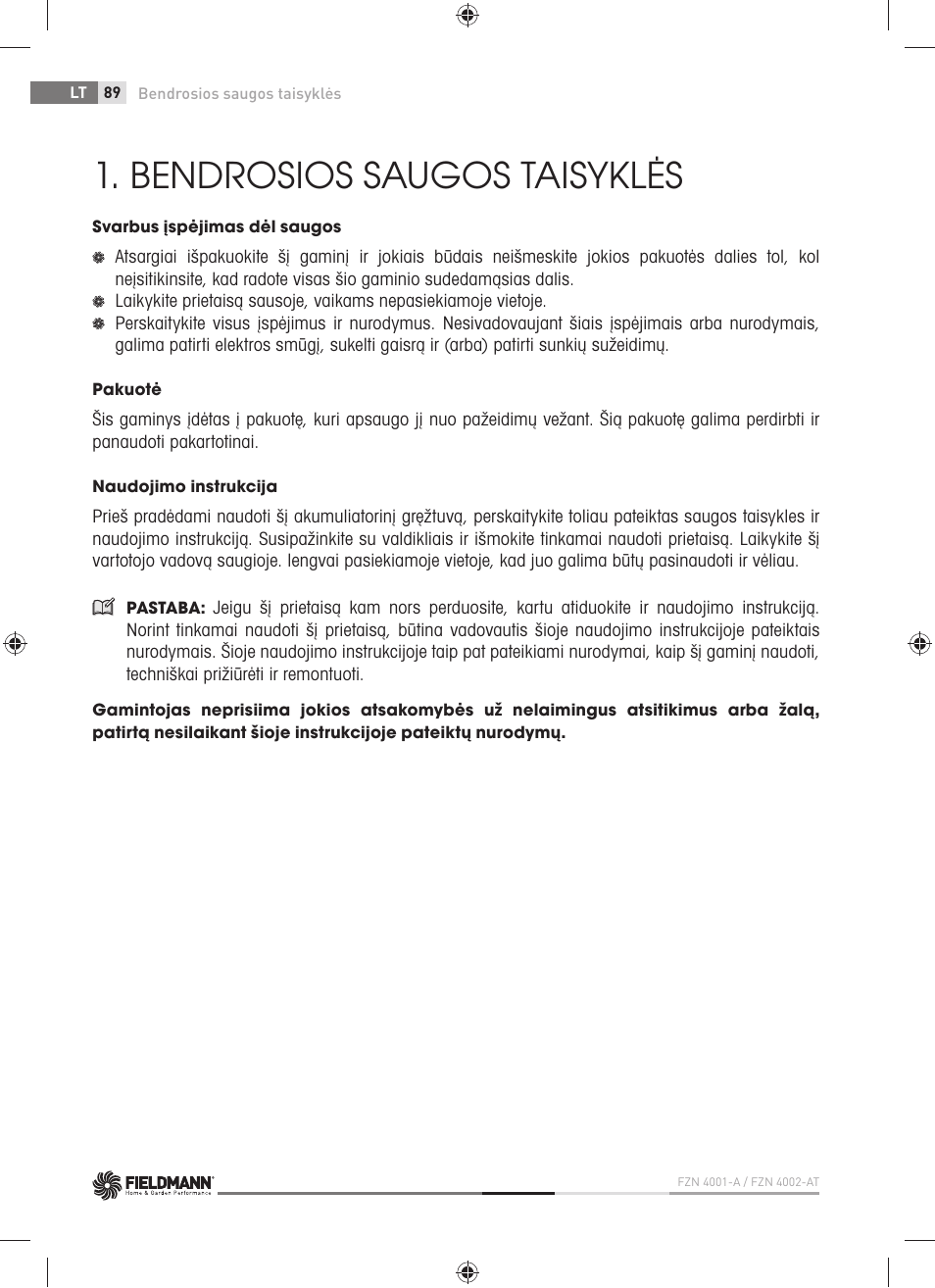 Bendrosios saugos taisyklės | Fieldmann FZN 4002-AT User Manual | Page 90 / 104