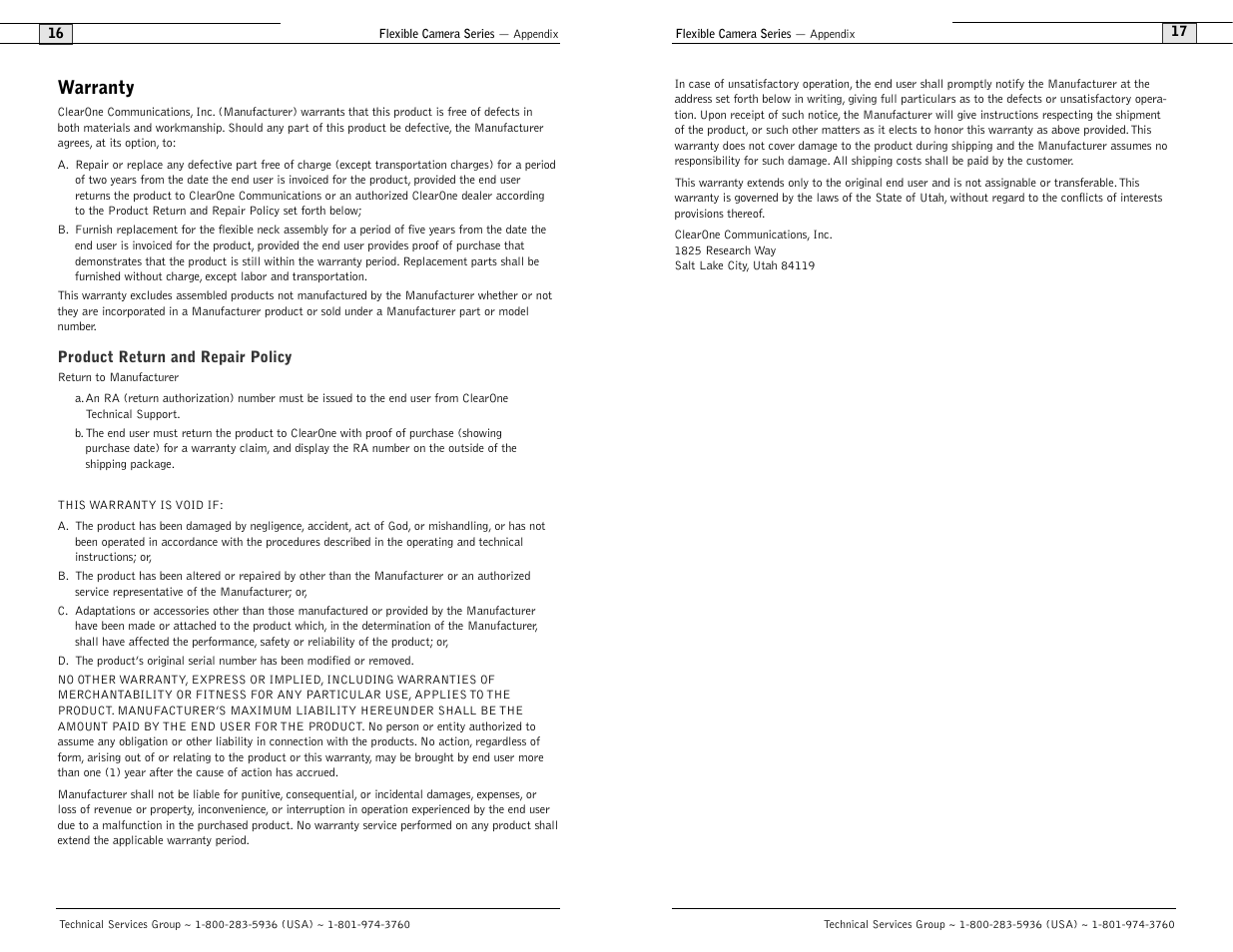 Warranty | ClearOne comm Flexible Camera User Manual | Page 10 / 12