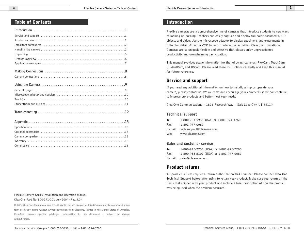 Service and support, Product returns, Table of contents introduction | ClearOne comm Flexible Camera User Manual | Page 2 / 12