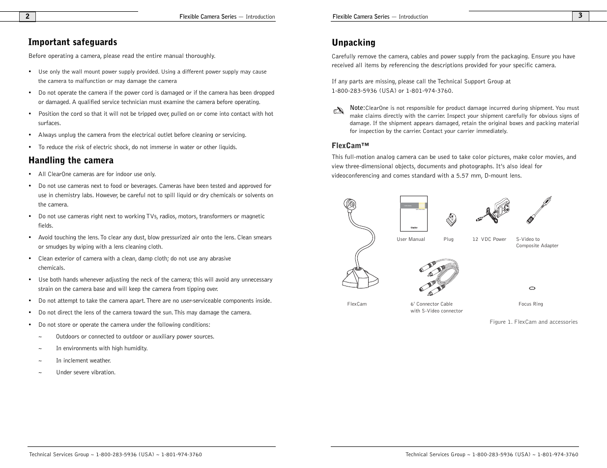 Important safeguards, Handling the camera, Unpacking | ClearOne comm Flexible Camera User Manual | Page 3 / 12