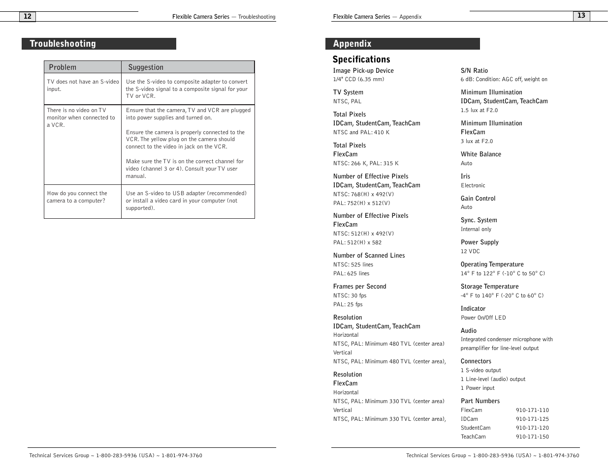 Specifications, Troubleshooting appendix | ClearOne comm Flexible Camera User Manual | Page 8 / 12