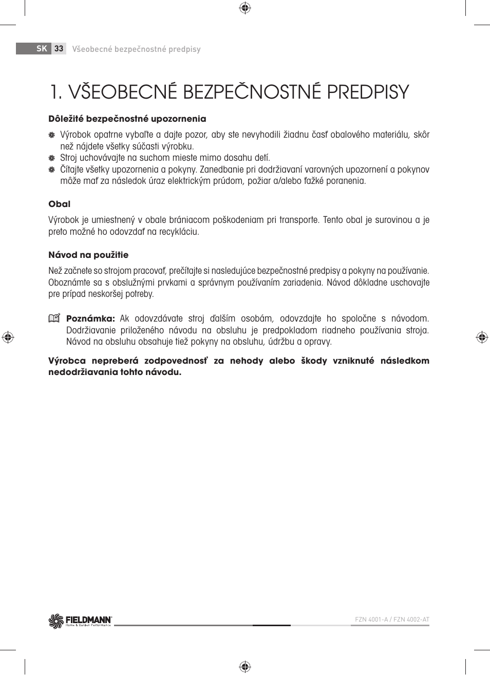 Všeobecné bezpečnostné predpisy | Fieldmann FZN 4001-A User Manual | Page 34 / 104