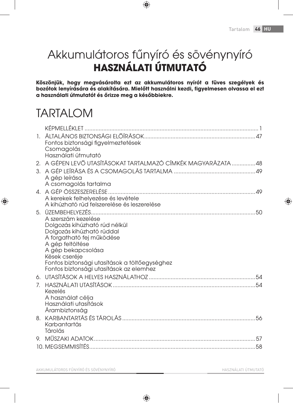 Akkumulátoros fűnyíró és sövénynyíró, Tartalom, Használati útmutató | Fieldmann FZN 4001-A User Manual | Page 47 / 104