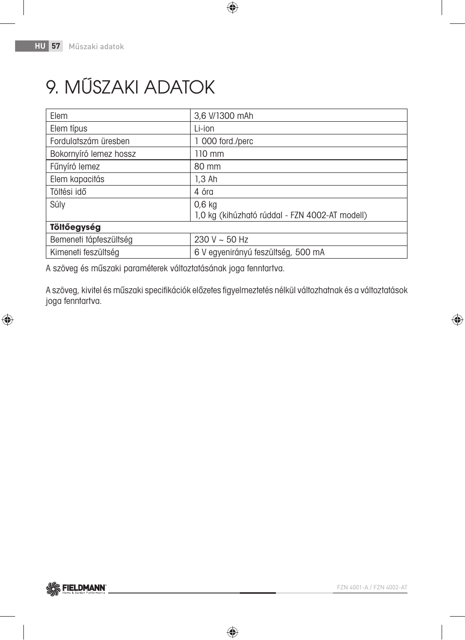 Műszaki adatok | Fieldmann FZN 4001-A User Manual | Page 58 / 104