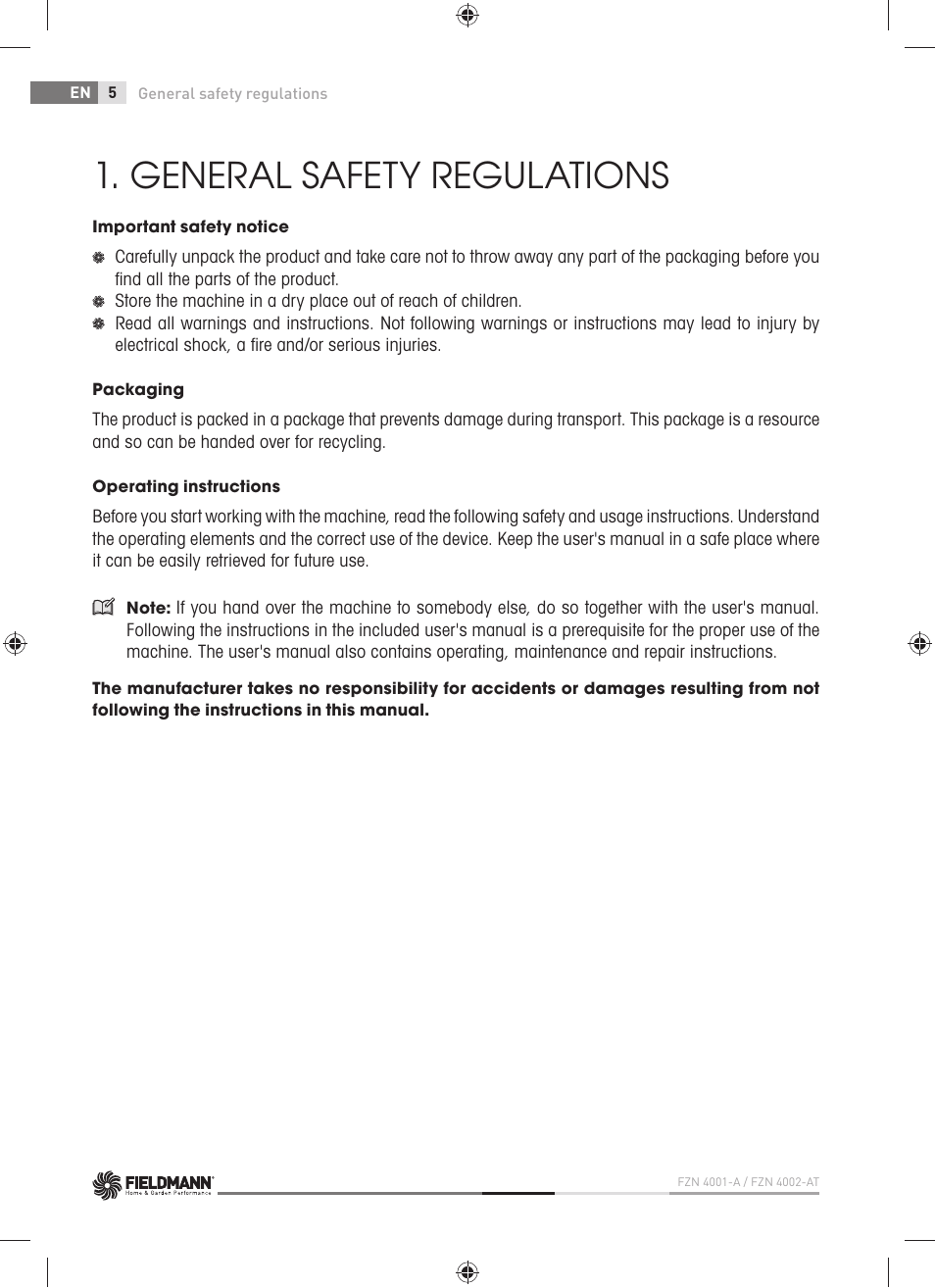 General safety regulations | Fieldmann FZN 4001-A User Manual | Page 6 / 104