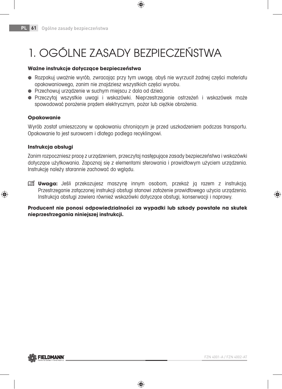 Ogólne zasady bezpieczeństwa | Fieldmann FZN 4001-A User Manual | Page 62 / 104