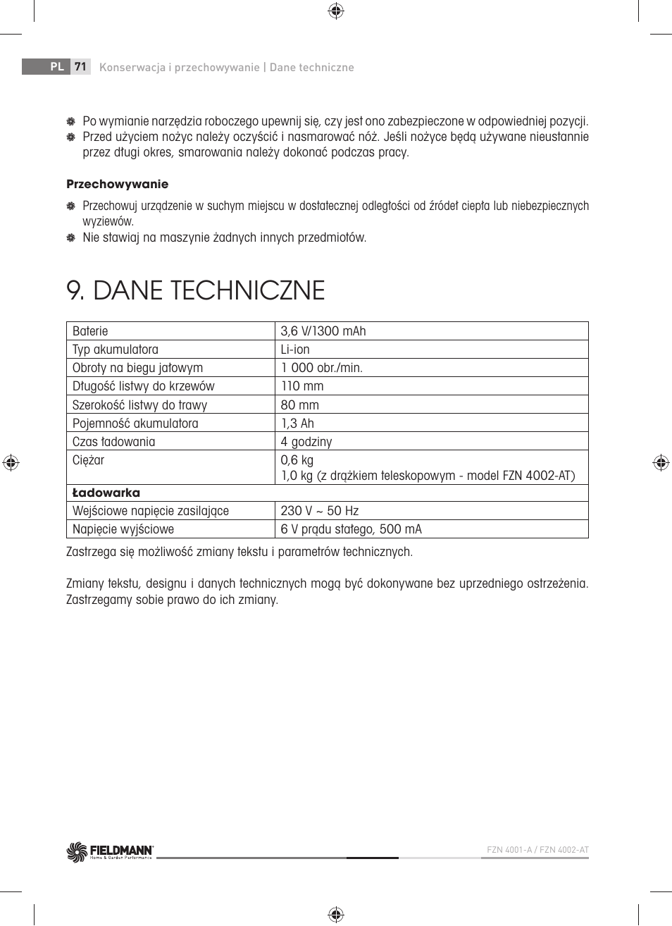 Dane techniczne | Fieldmann FZN 4001-A User Manual | Page 72 / 104