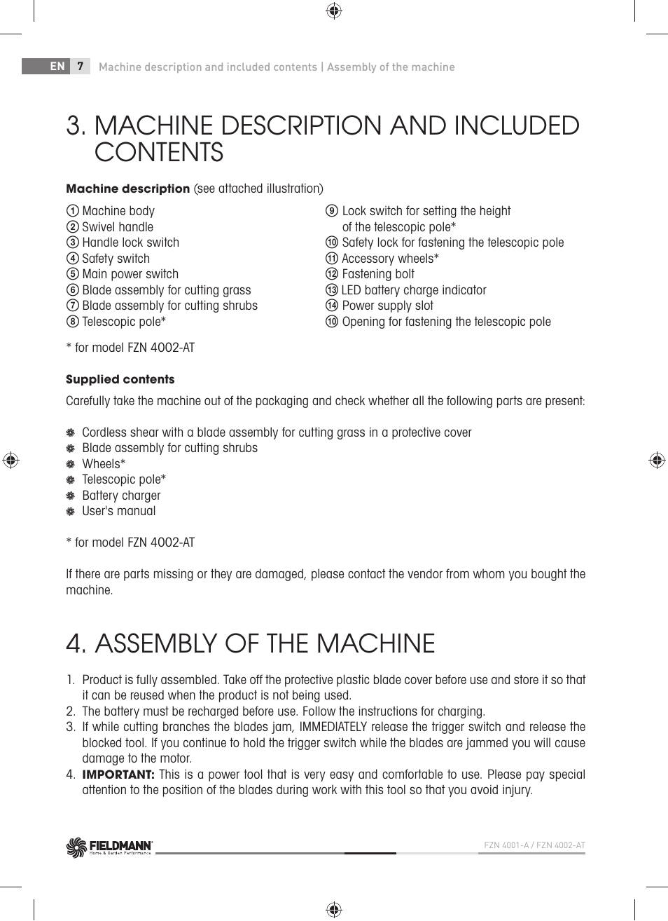 Machine description and included contents, Assembly of the machine | Fieldmann FZN 4001-A User Manual | Page 8 / 104