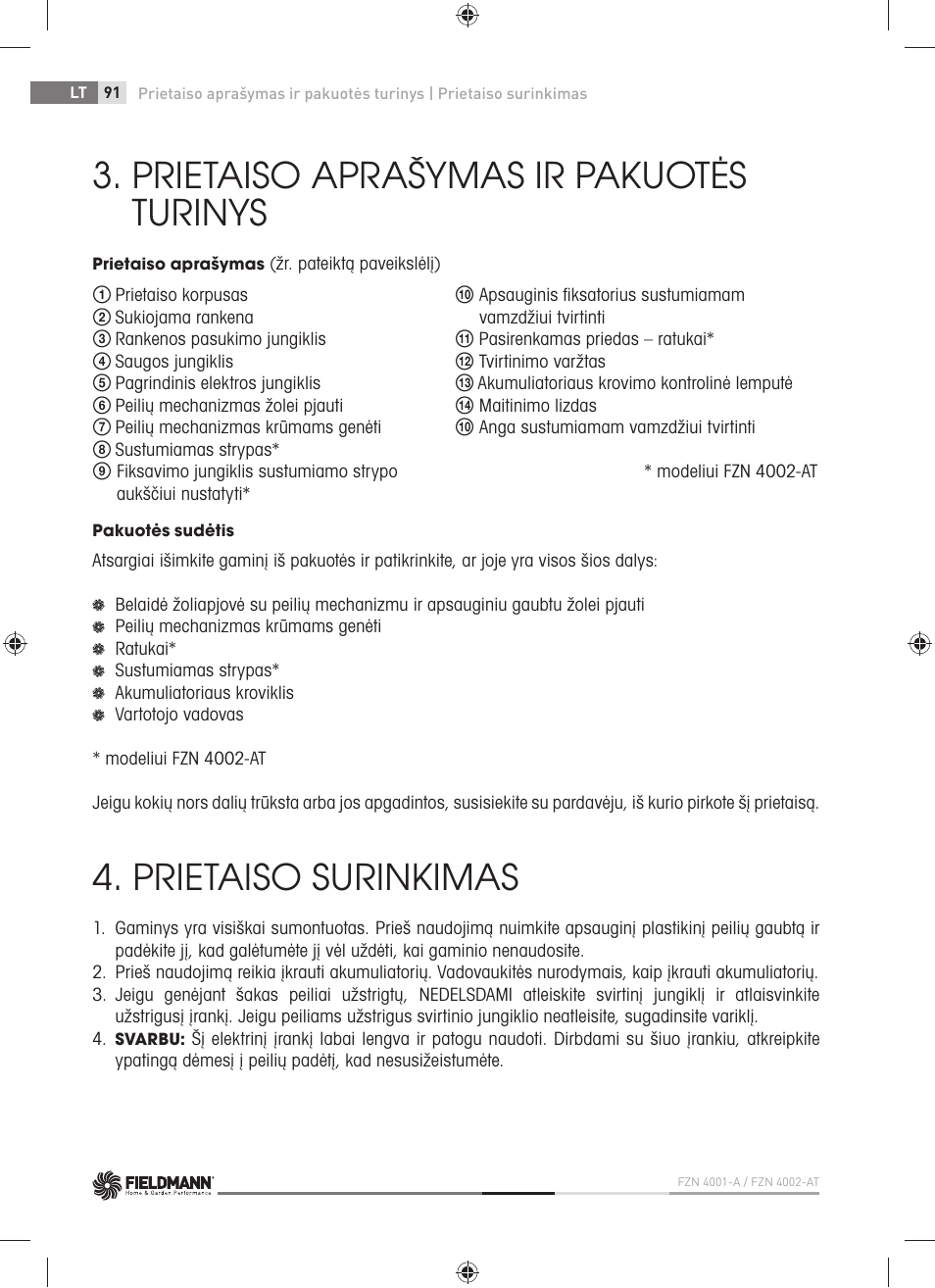 Prietaiso aprašymas ir pakuotės turinys, Prietaiso surinkimas | Fieldmann FZN 4001-A User Manual | Page 92 / 104