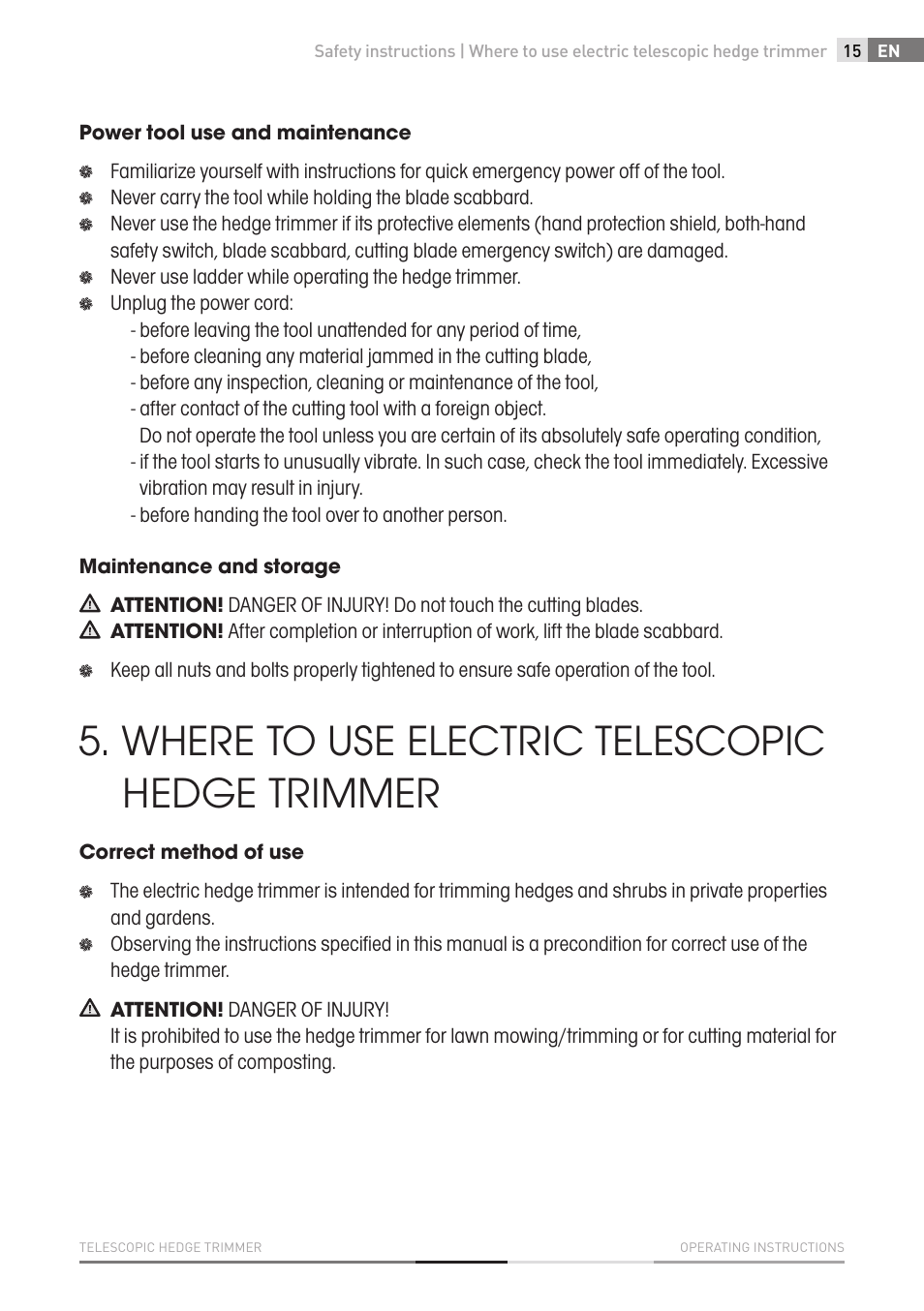 Where to use electric telescopic hedge trimmer | Fieldmann FZN 6005-E User Manual | Page 15 / 80