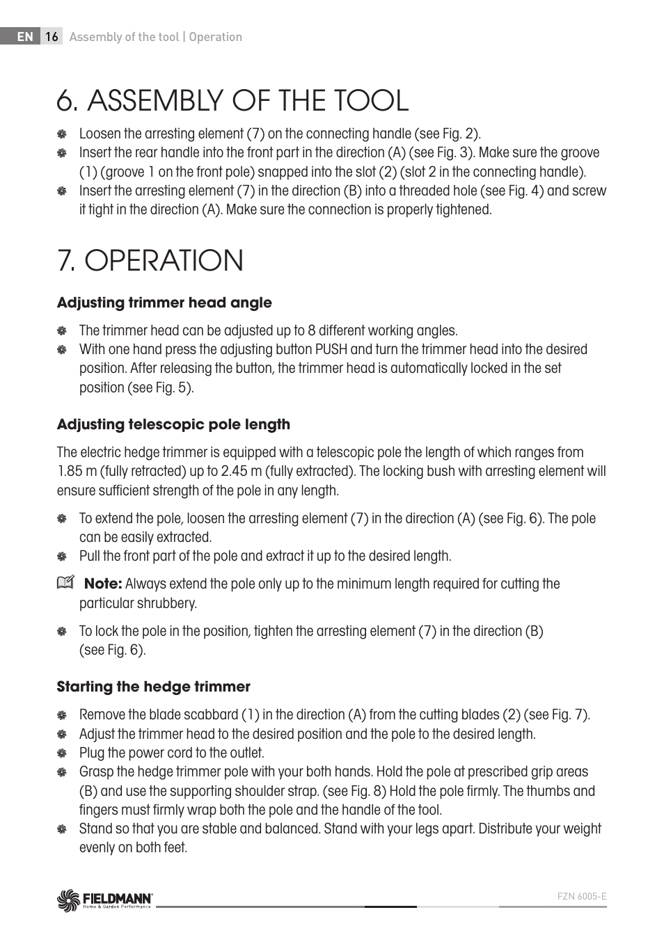 Assembly of the tool, Operation | Fieldmann FZN 6005-E User Manual | Page 16 / 80