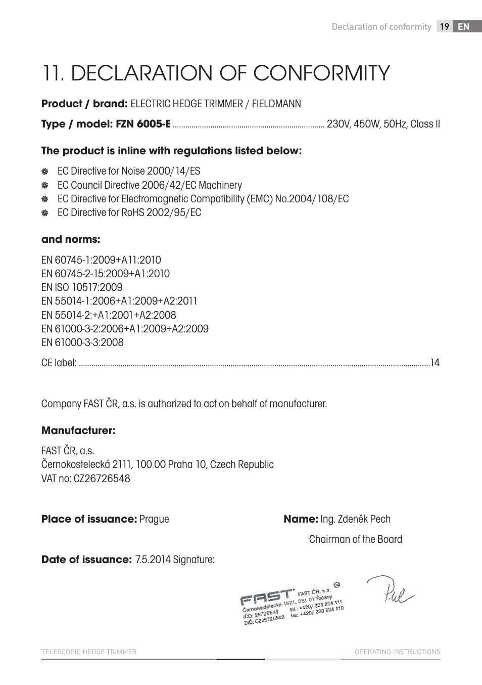 Declaration of conformity | Fieldmann FZN 6005-E User Manual | Page 19 / 80