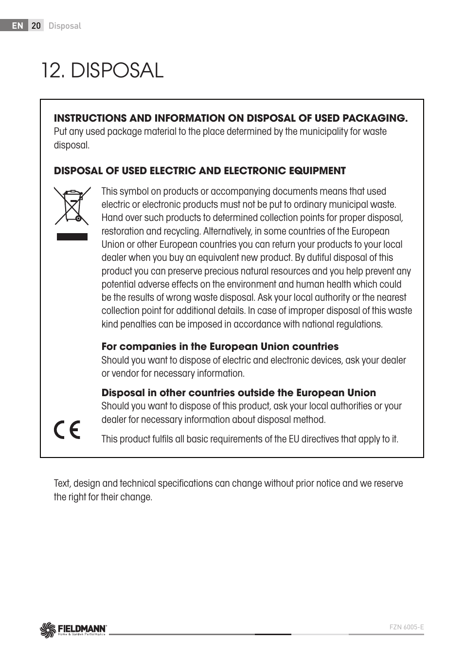 Disposal | Fieldmann FZN 6005-E User Manual | Page 20 / 80