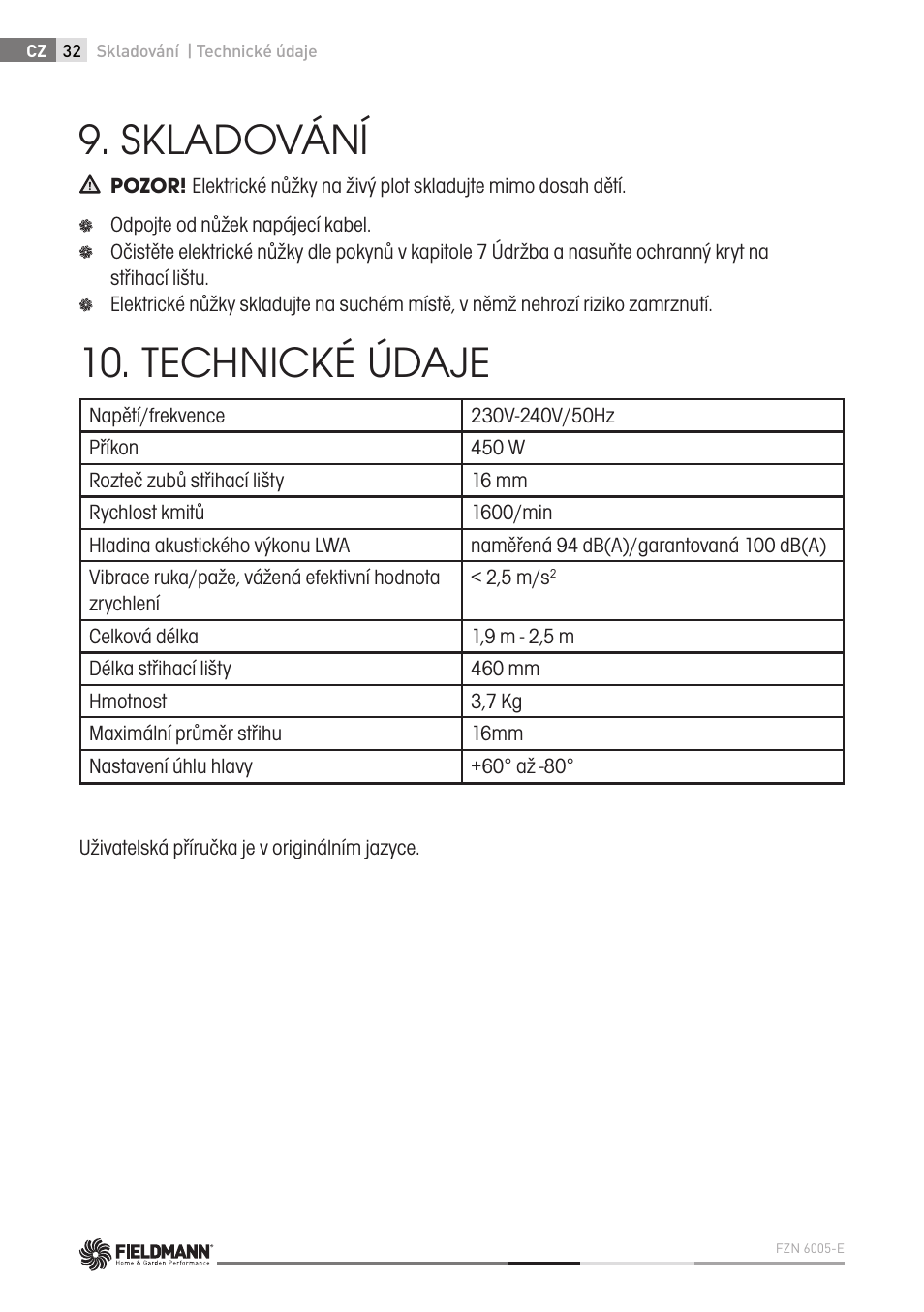 Skladování, Technické údaje | Fieldmann FZN 6005-E User Manual | Page 32 / 80