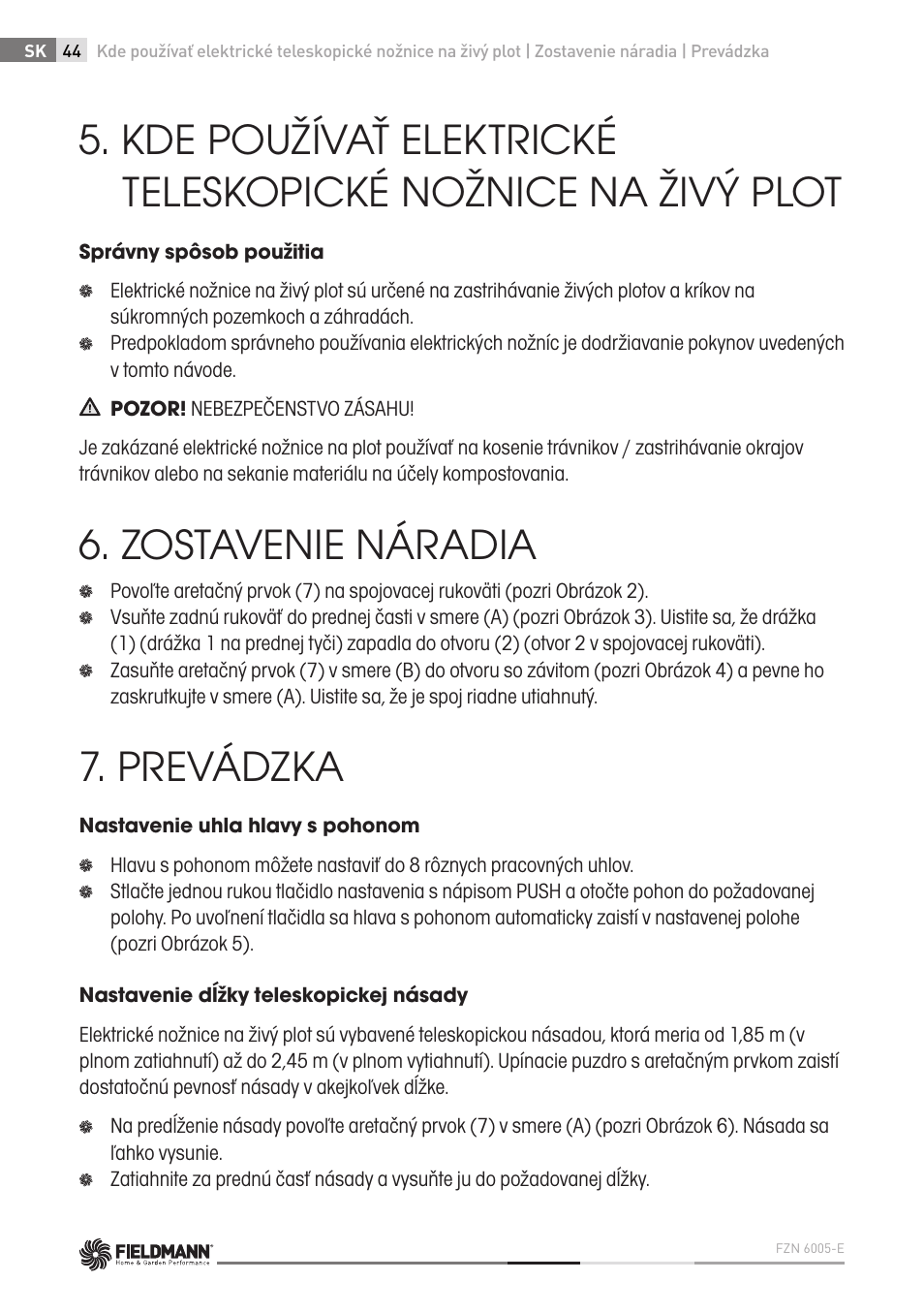 Zostavenie náradia, Prevádzka | Fieldmann FZN 6005-E User Manual | Page 44 / 80