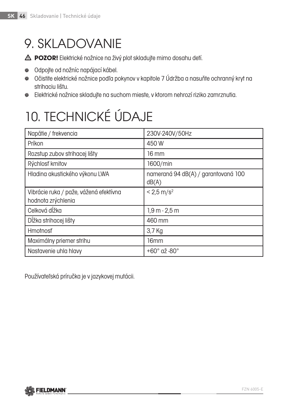 Skladovanie, Technické údaje | Fieldmann FZN 6005-E User Manual | Page 46 / 80