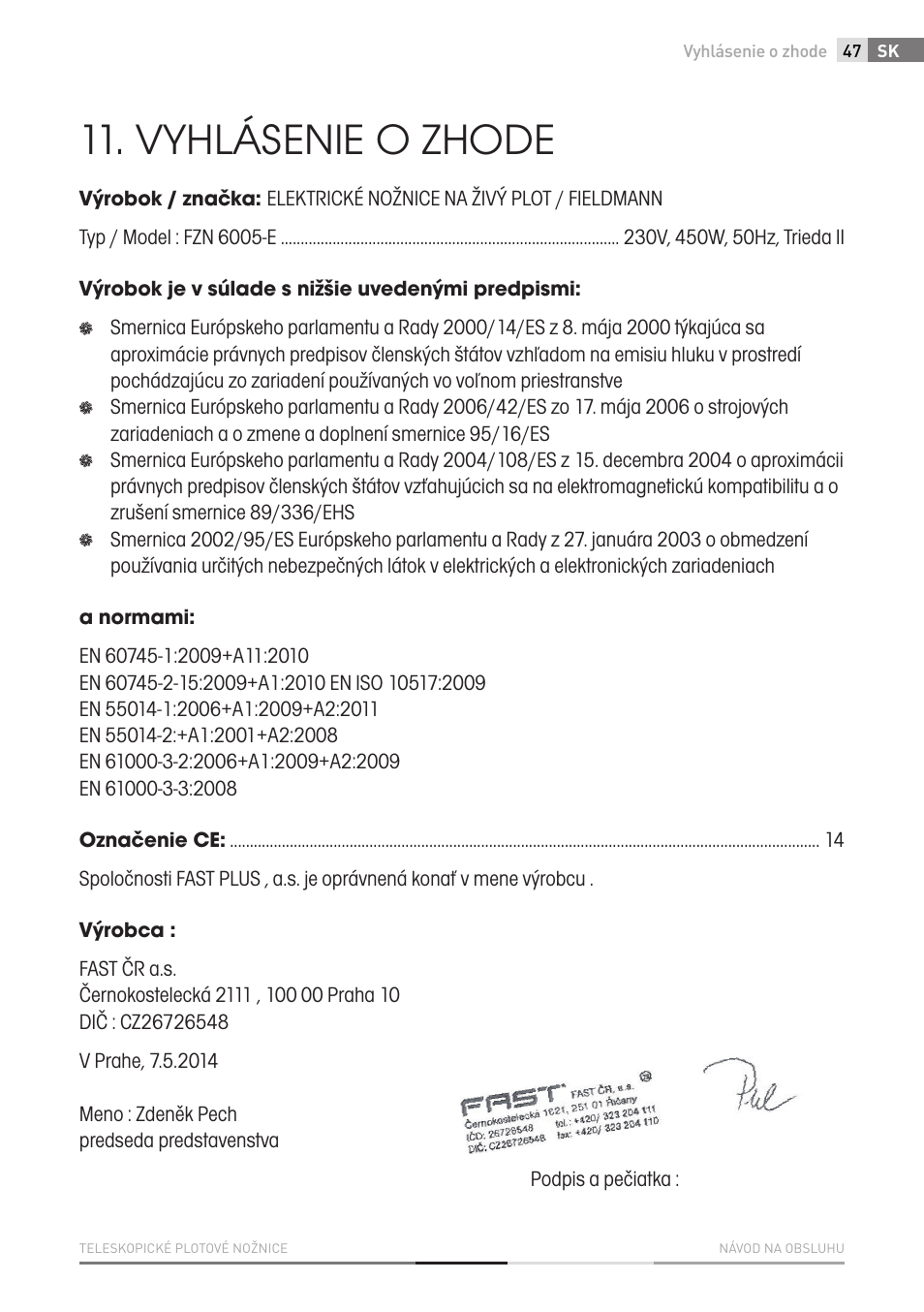 Vyhlásenie o zhode | Fieldmann FZN 6005-E User Manual | Page 47 / 80