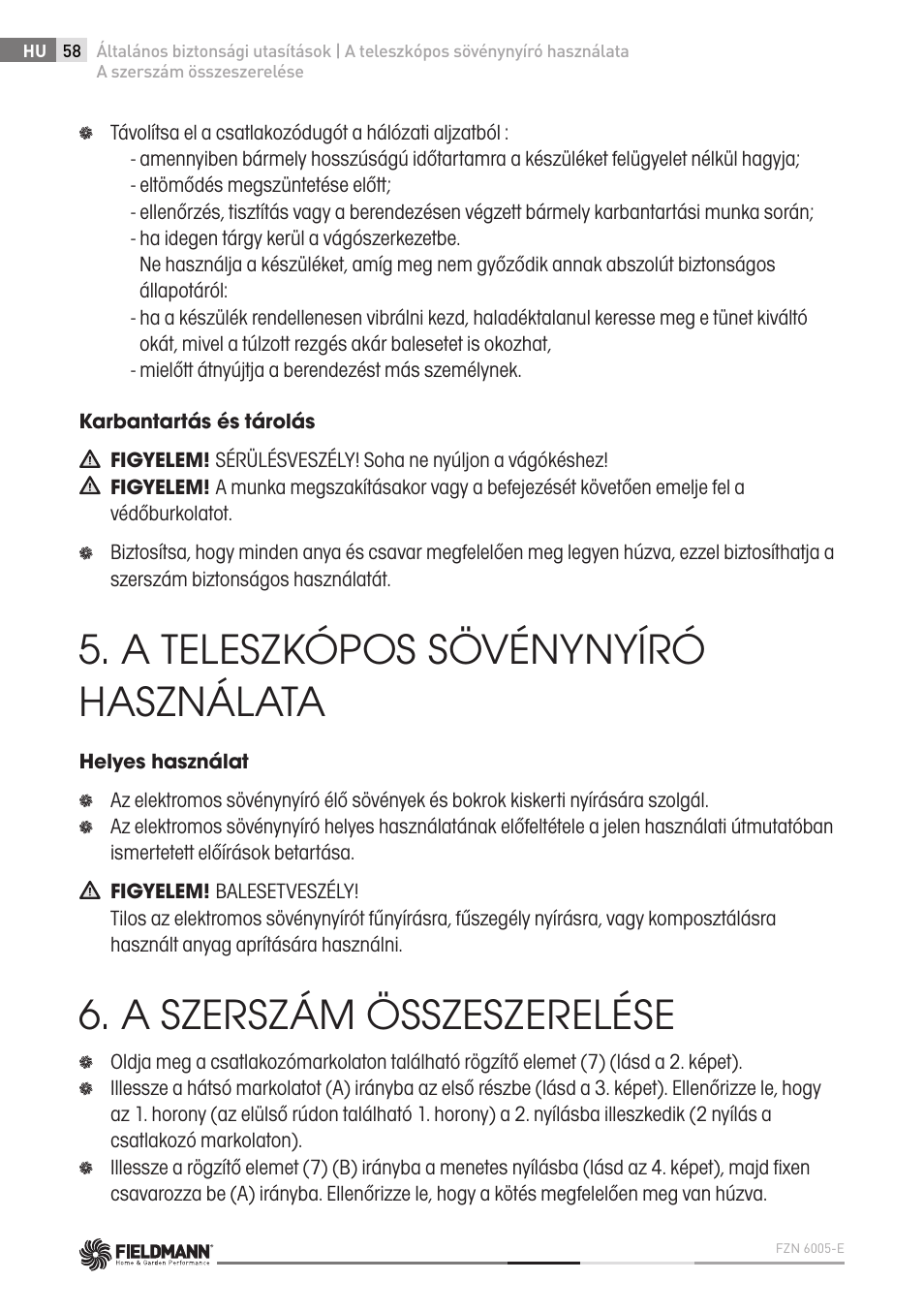 A teleszkópos sövénynyíró használata, A szerszám összeszerelése | Fieldmann FZN 6005-E User Manual | Page 58 / 80