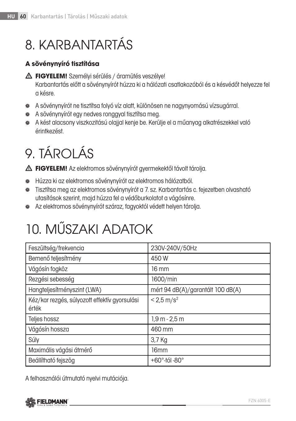 Karbantartás, Tárolás, Műszaki adatok | Fieldmann FZN 6005-E User Manual | Page 60 / 80