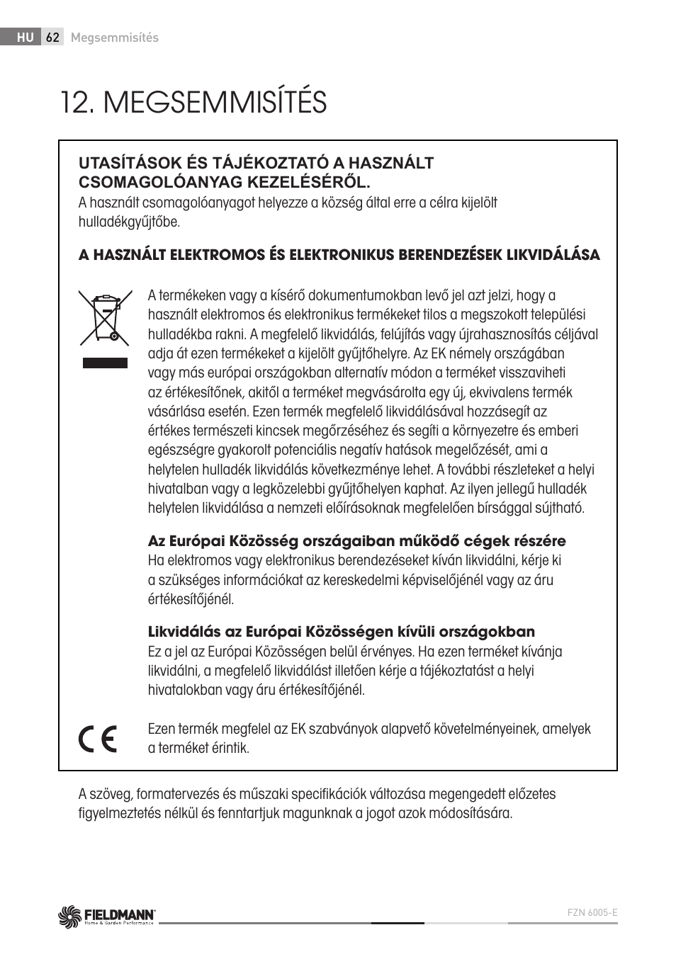 Megsemmisítés | Fieldmann FZN 6005-E User Manual | Page 62 / 80