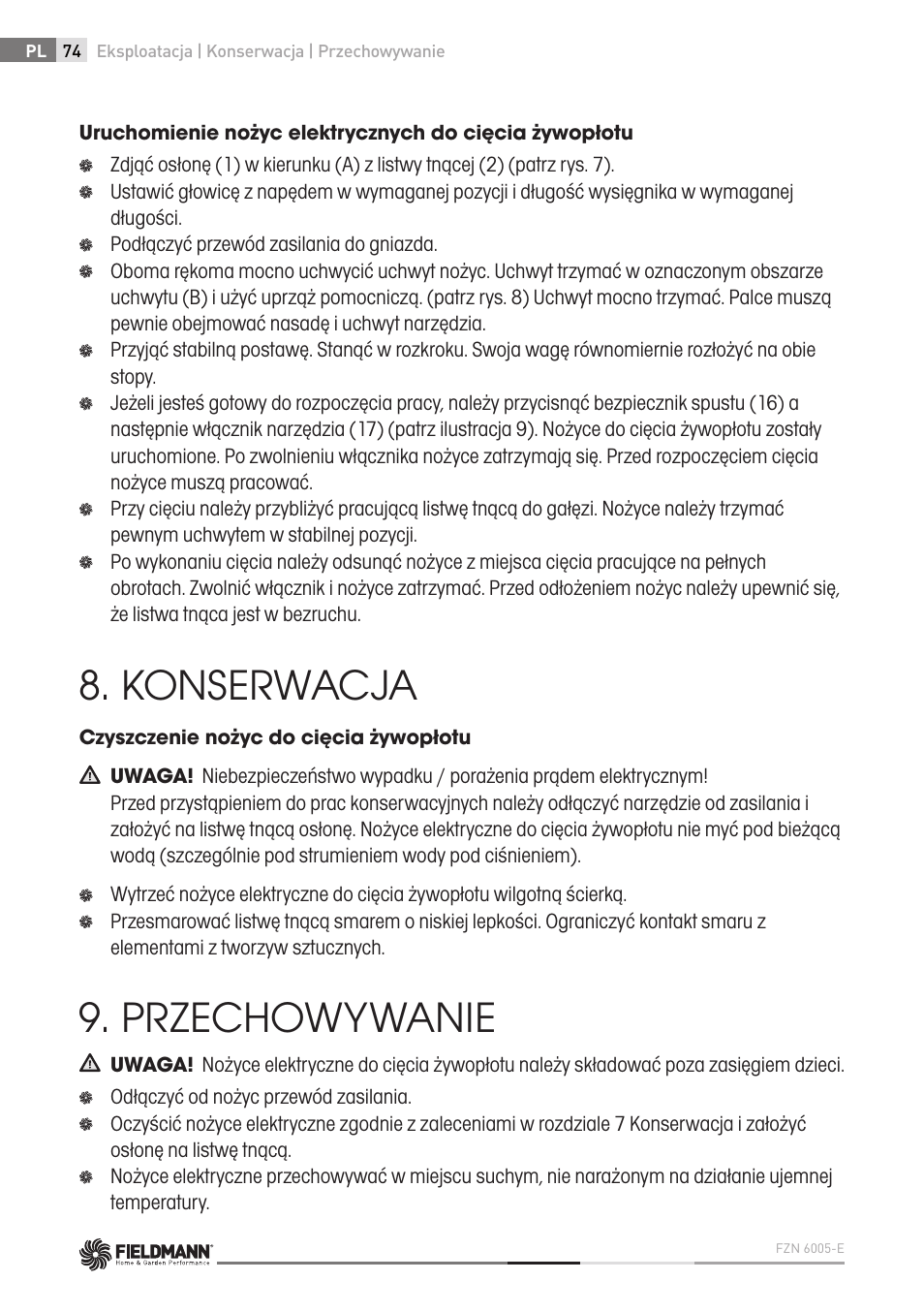 Konserwacja, Przechowywanie | Fieldmann FZN 6005-E User Manual | Page 74 / 80