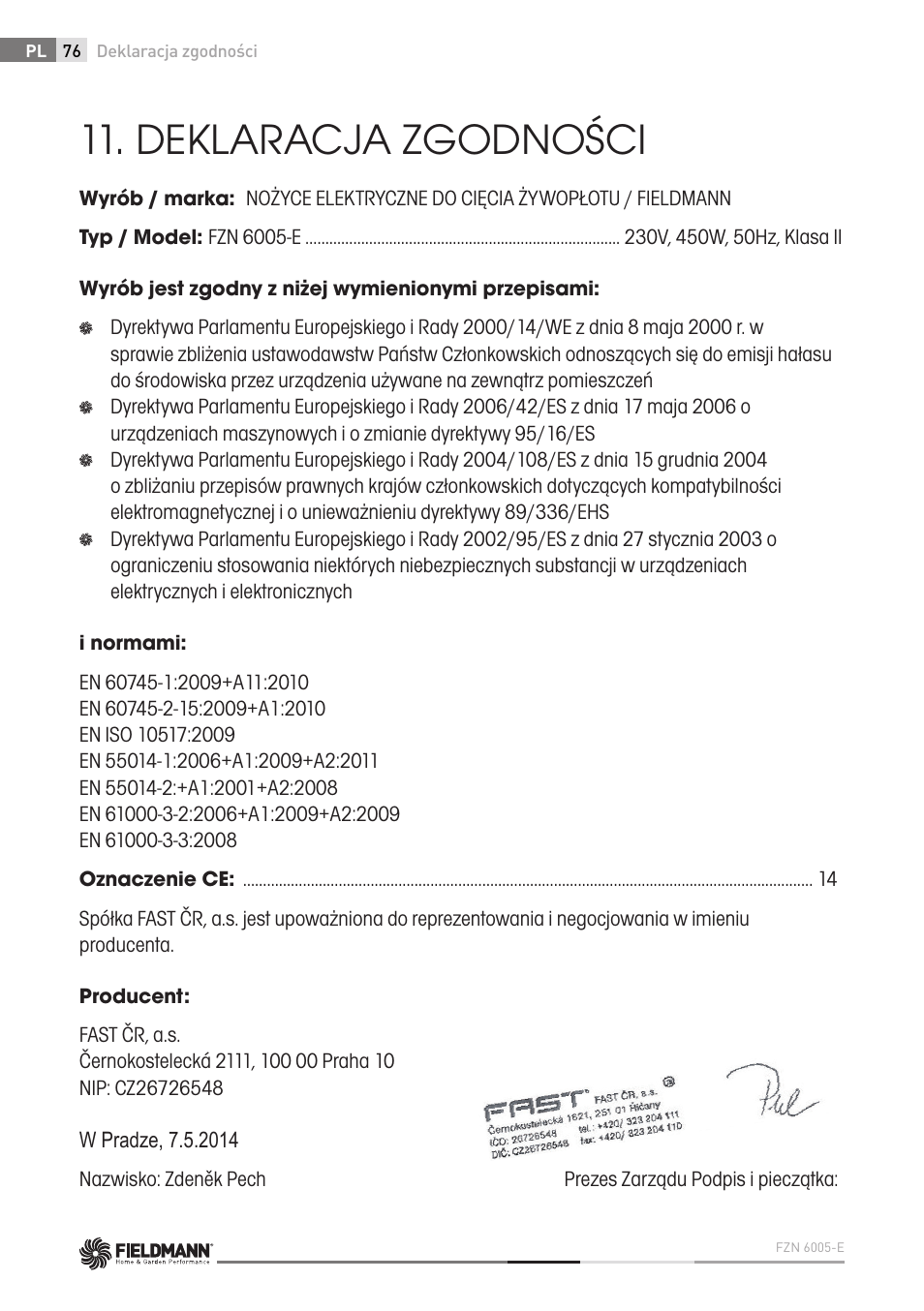 Deklaracja zgodności | Fieldmann FZN 6005-E User Manual | Page 76 / 80