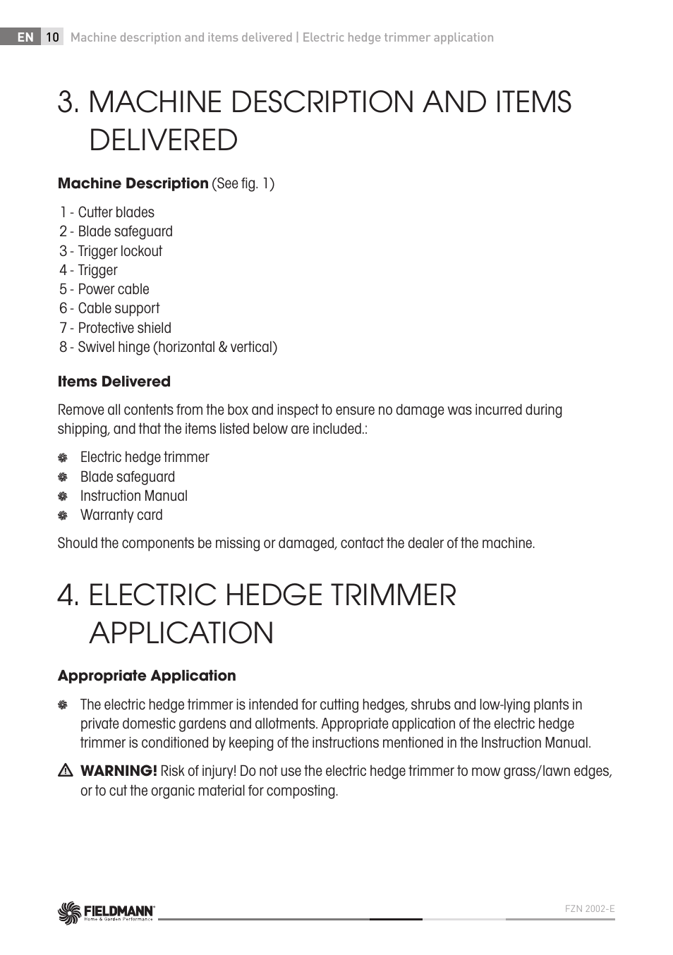 Machine description and items delivered, Electric hedge trimmer application | Fieldmann FZN 2002-E User Manual | Page 10 / 110