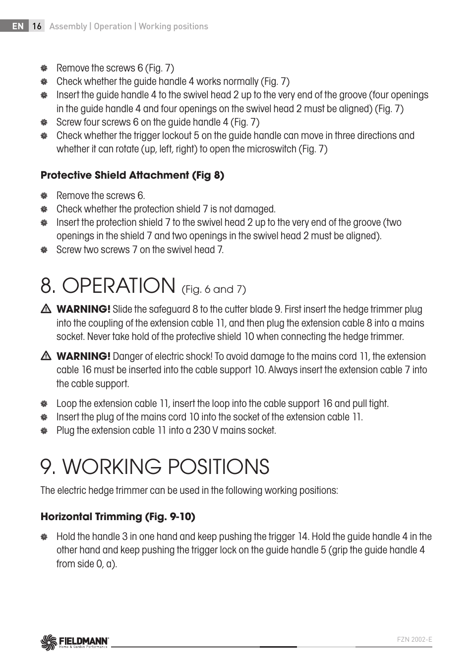 Operation, Working positions | Fieldmann FZN 2002-E User Manual | Page 16 / 110