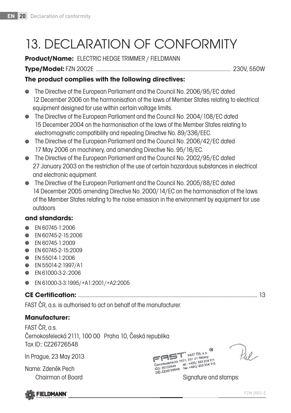 Declaration of conformity | Fieldmann FZN 2002-E User Manual | Page 20 / 110