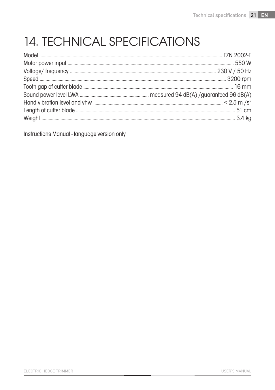 Technical specifications | Fieldmann FZN 2002-E User Manual | Page 21 / 110