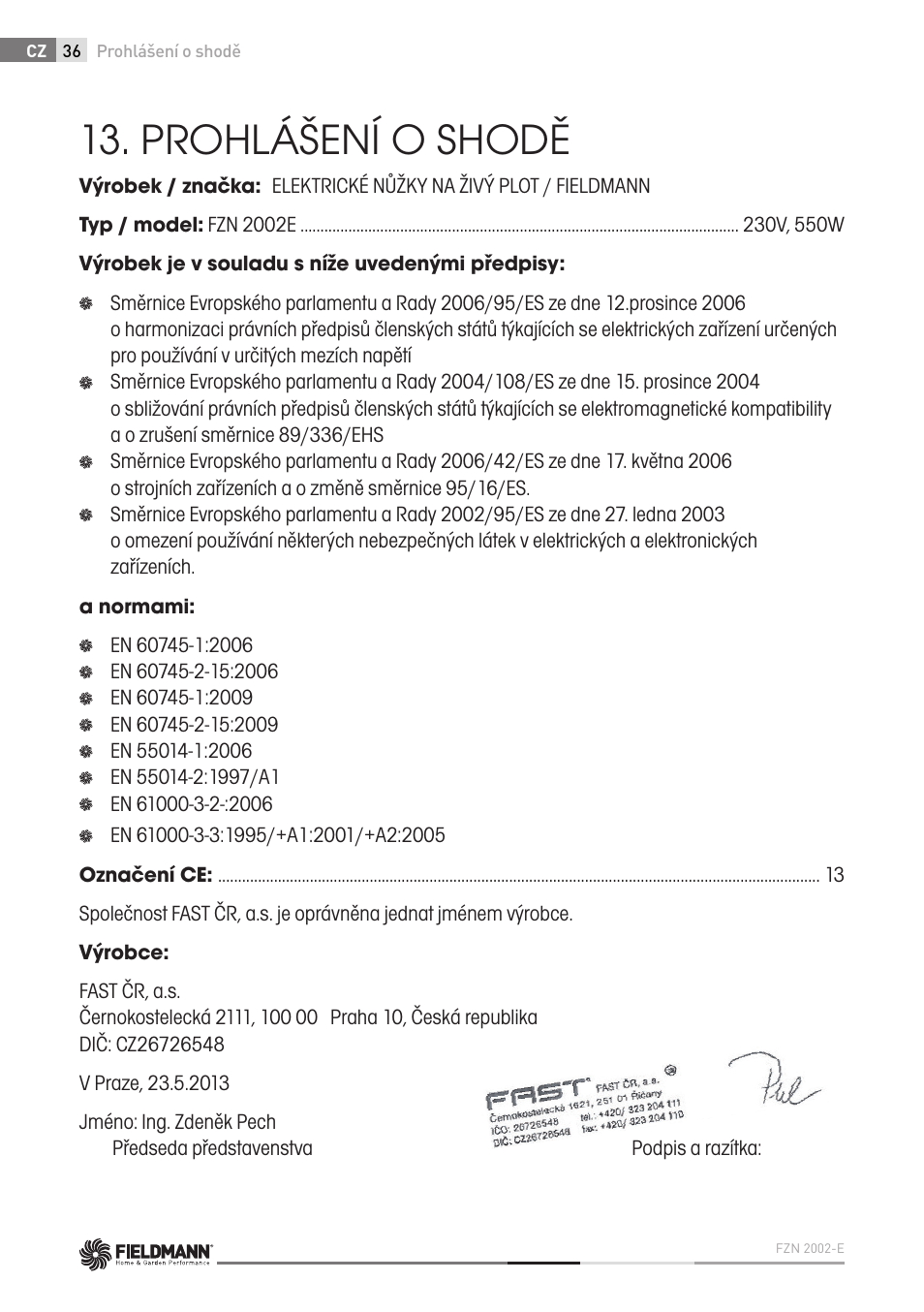 Prohlášení o shodě | Fieldmann FZN 2002-E User Manual | Page 36 / 110