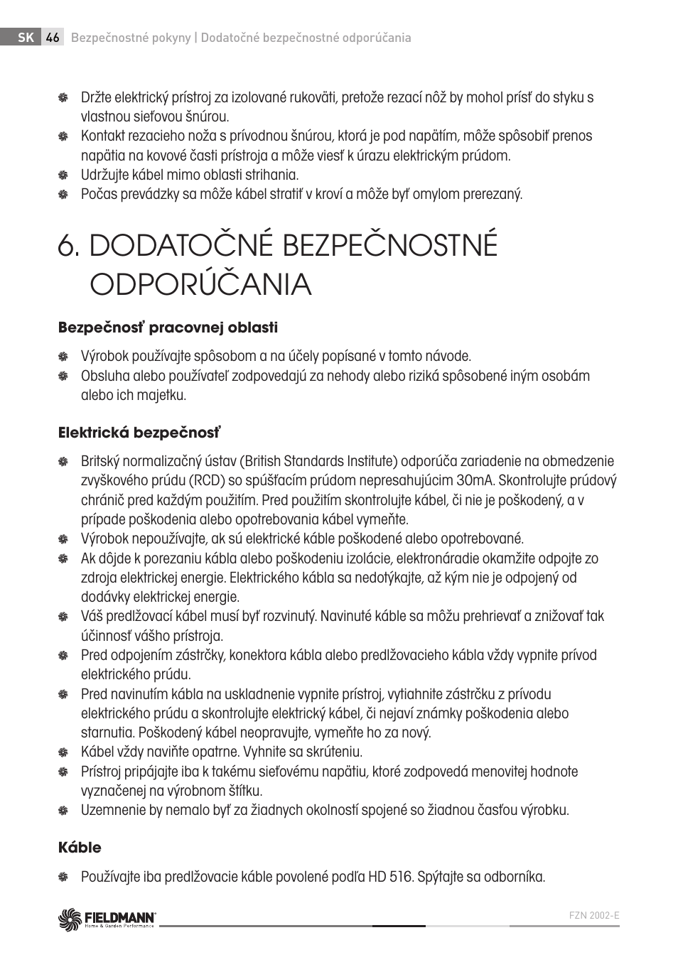 Dodatočné bezpečnostné odporúčania | Fieldmann FZN 2002-E User Manual | Page 46 / 110