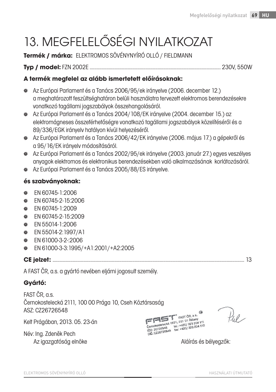 Megfelelőségi nyilatkozat | Fieldmann FZN 2002-E User Manual | Page 69 / 110