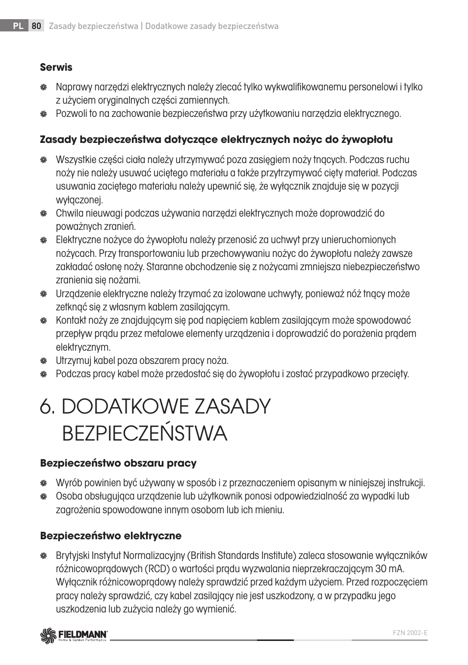 Dodatkowe zasady bezpieczeństwa | Fieldmann FZN 2002-E User Manual | Page 80 / 110