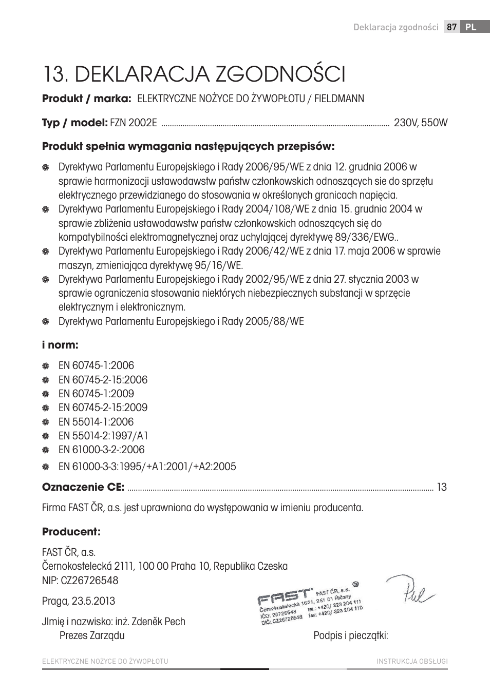 Deklaracja zgodności | Fieldmann FZN 2002-E User Manual | Page 87 / 110