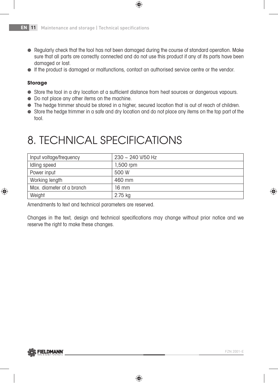 Technical specifications | Fieldmann FZN 2001-E User Manual | Page 12 / 92