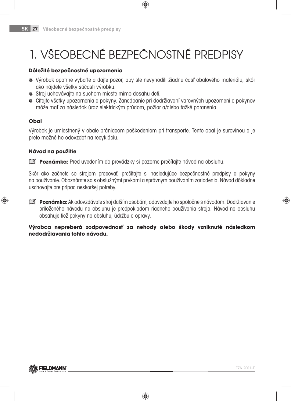 Všeobecné bezpečnostné predpisy | Fieldmann FZN 2001-E User Manual | Page 28 / 92