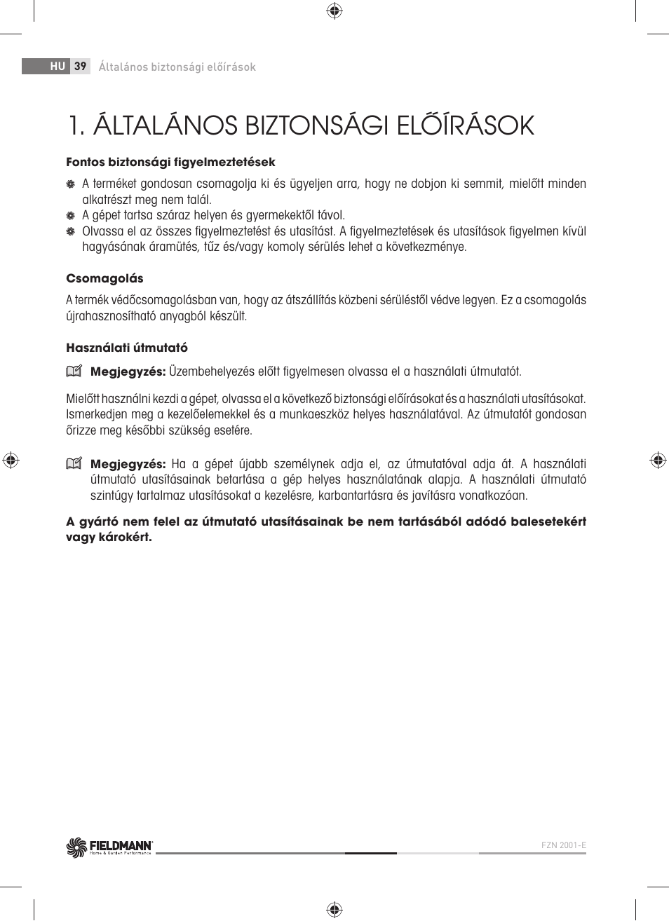 Általános biztonsági előírások | Fieldmann FZN 2001-E User Manual | Page 40 / 92