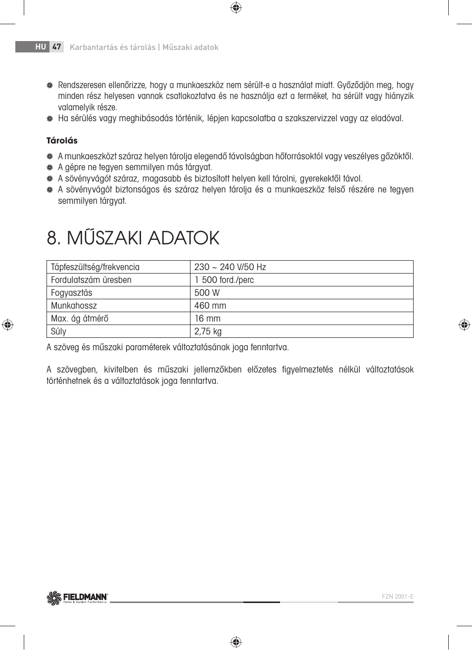 Műszaki adatok | Fieldmann FZN 2001-E User Manual | Page 48 / 92