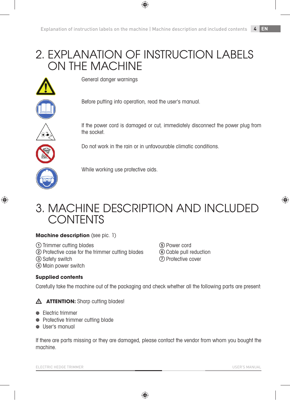 Explanation of instruction labels on the machine, Machine description and included contents | Fieldmann FZN 2001-E User Manual | Page 5 / 92