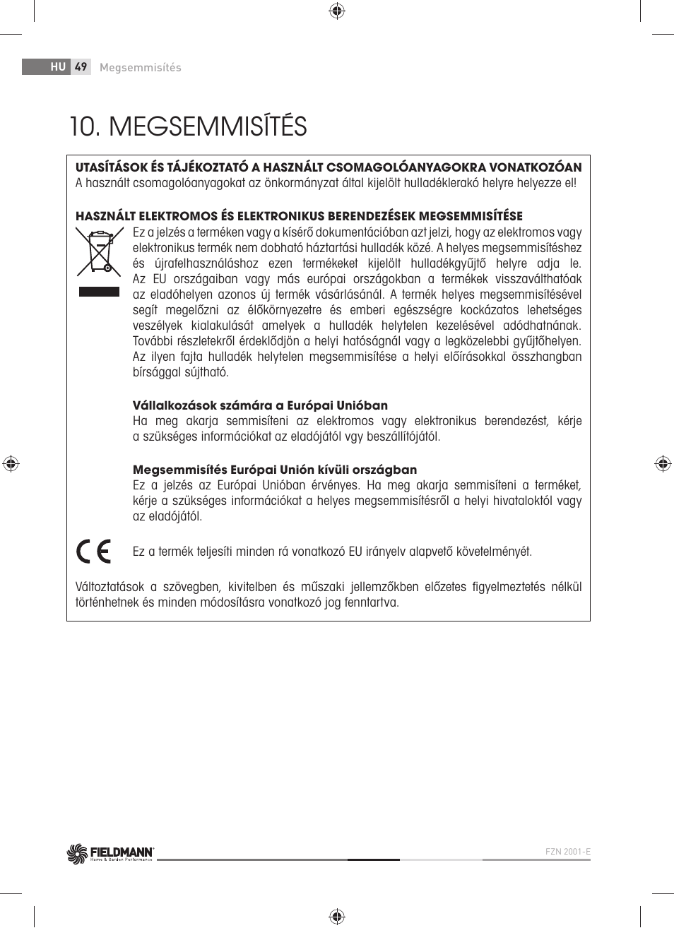 Megsemmisítés | Fieldmann FZN 2001-E User Manual | Page 50 / 92