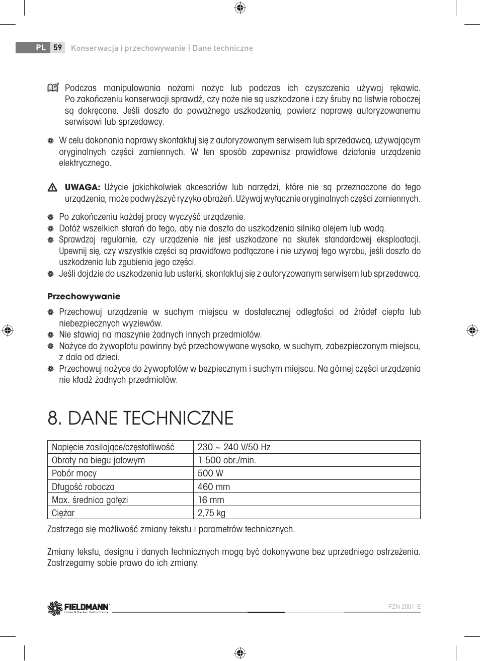 Dane techniczne | Fieldmann FZN 2001-E User Manual | Page 60 / 92